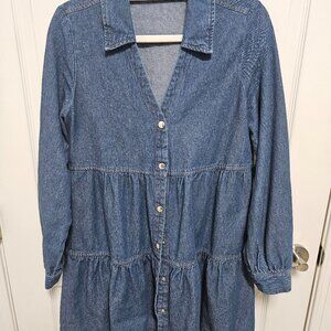 Zara S Blue Pleated Collared Long Sleeve Dress